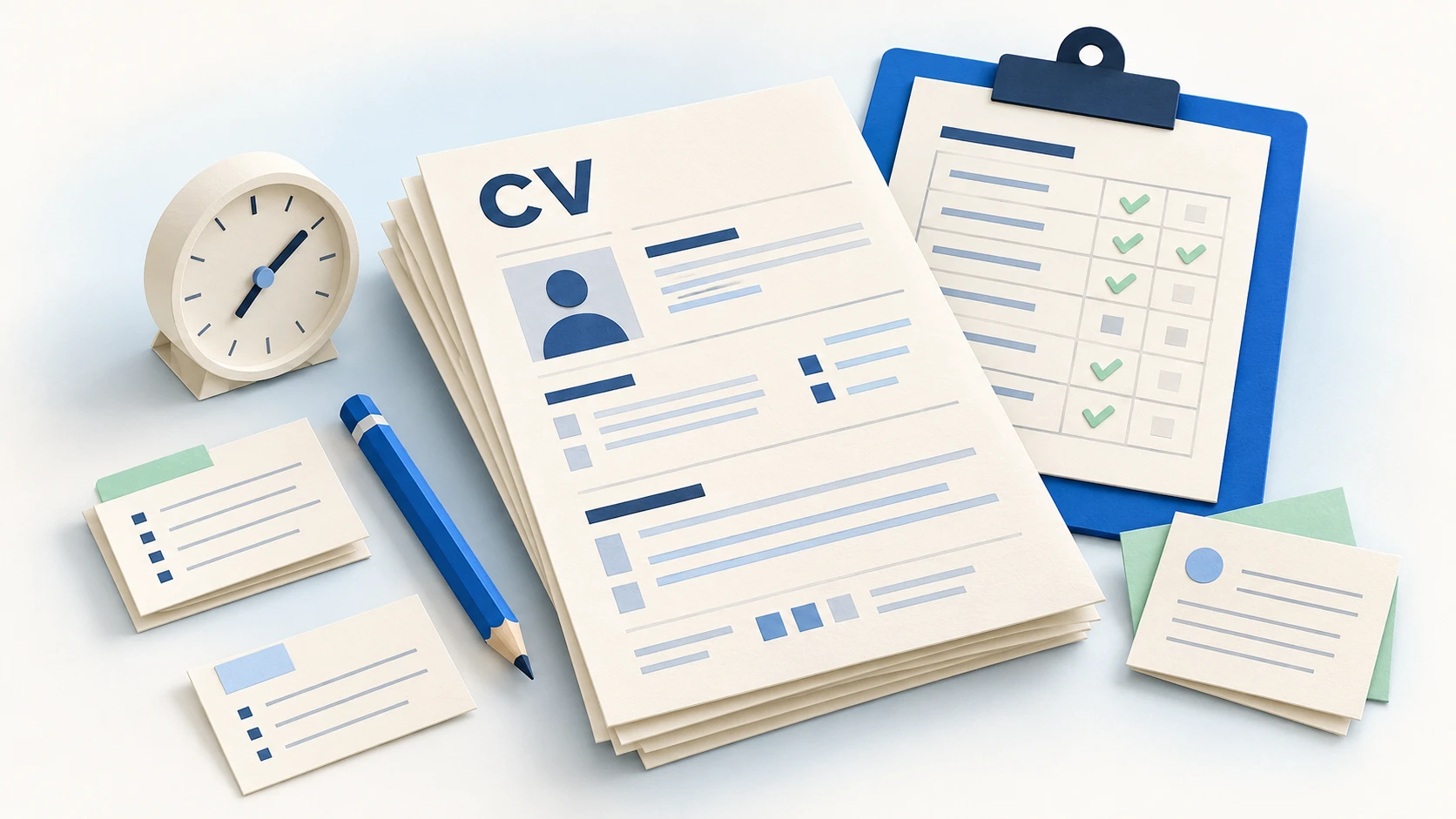 Illustration of a CV, a review checklist and a clock for planning the classroom workshop.