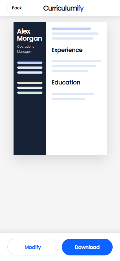 Vista previa móvil de un CV creado en Curriculumify